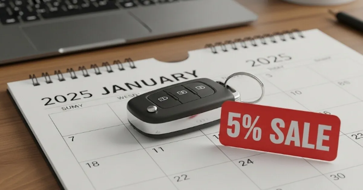 2025년 1월 달력 위에 놓인 자동차 키와 5% 할인 스티커