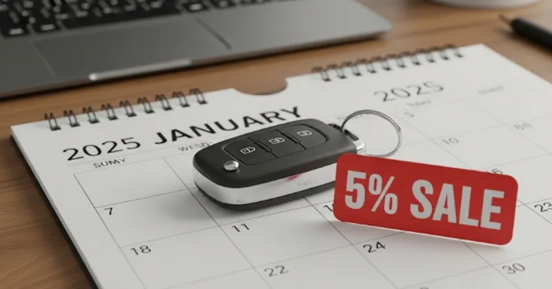 2025년 1월 달력 위에 놓인 자동차 키와 5% 할인 스티커