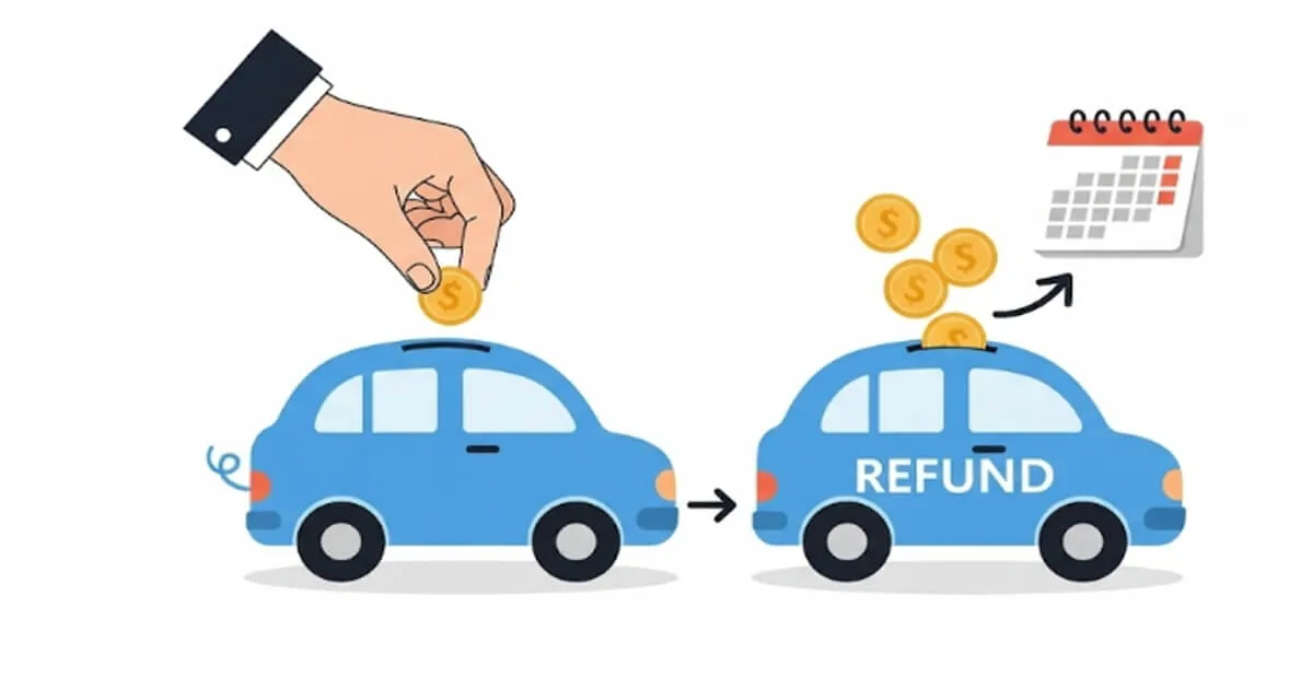 자동차세 연납 후 차량 매도 시 세금을 환급받는 과정을 상징하는 자동차 모양 저금통