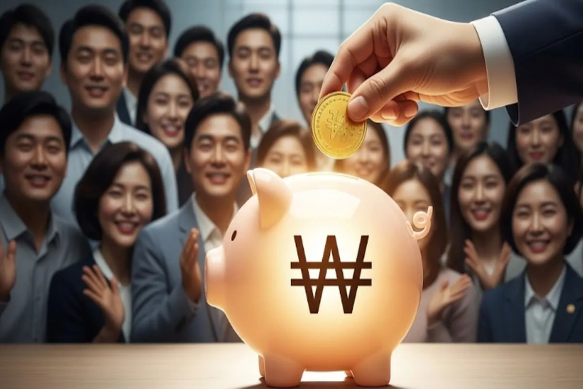 정부 관계자가 돼지 저금통에 동전을 넣고 시민들이 희망적으로 바라보는 모습