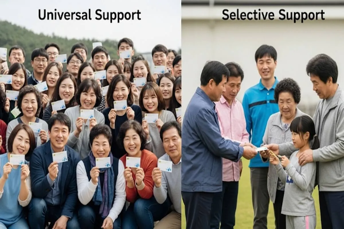 모든 시민이 상품권을 받는 보편적 지원과 저소득층이 받는 선별적 지원을 비교하는 분할 이미지