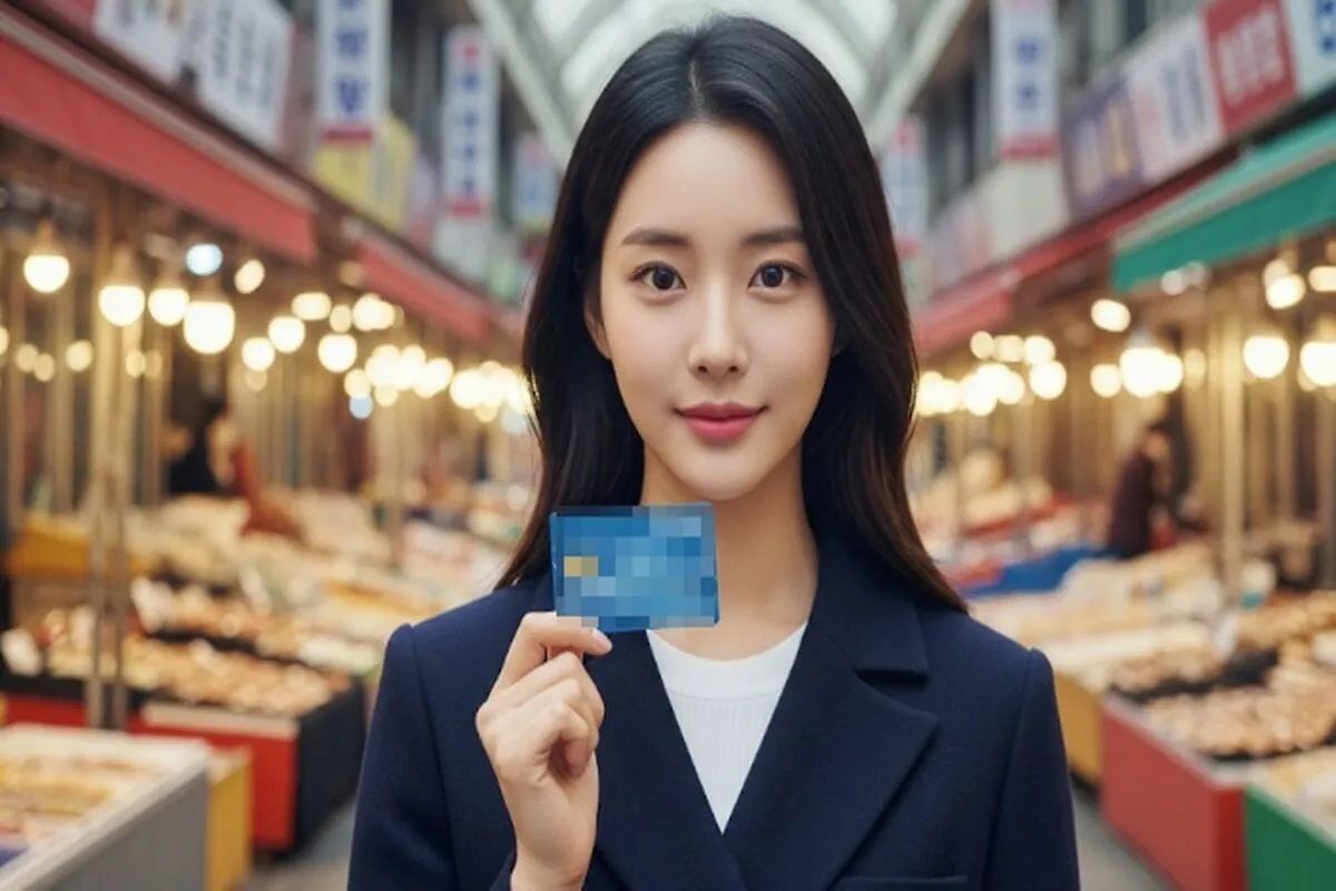 민생회복카드를 들고 있는 한국 여성의 손과 전통 시장 배경