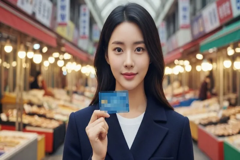민생회복카드를 들고 있는 한국 여성의 손과 전통 시장 배경