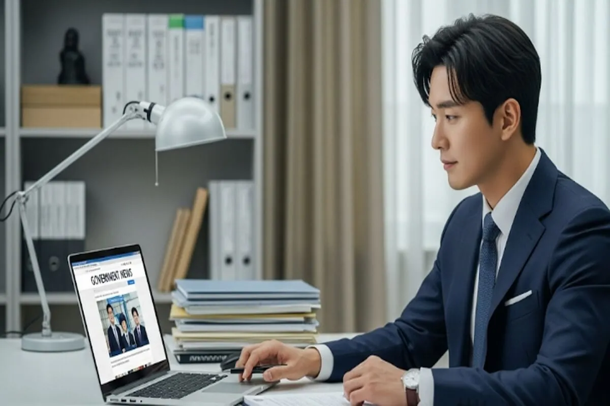 노트북으로 정부 뉴스 웹사이트를 침착하게 확인하는 한국 남성