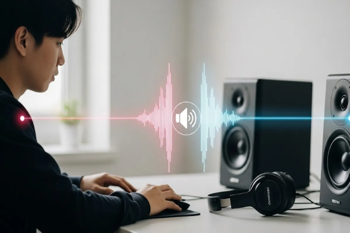 스피커와 헤드셋으로 소리가 동시에 전달되는 모습