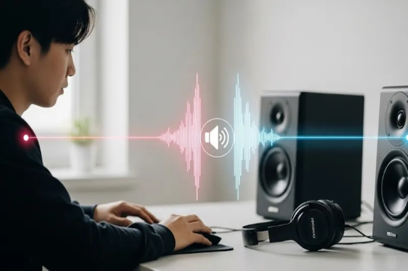 스피커와 헤드셋으로 소리가 동시에 전달되는 모습