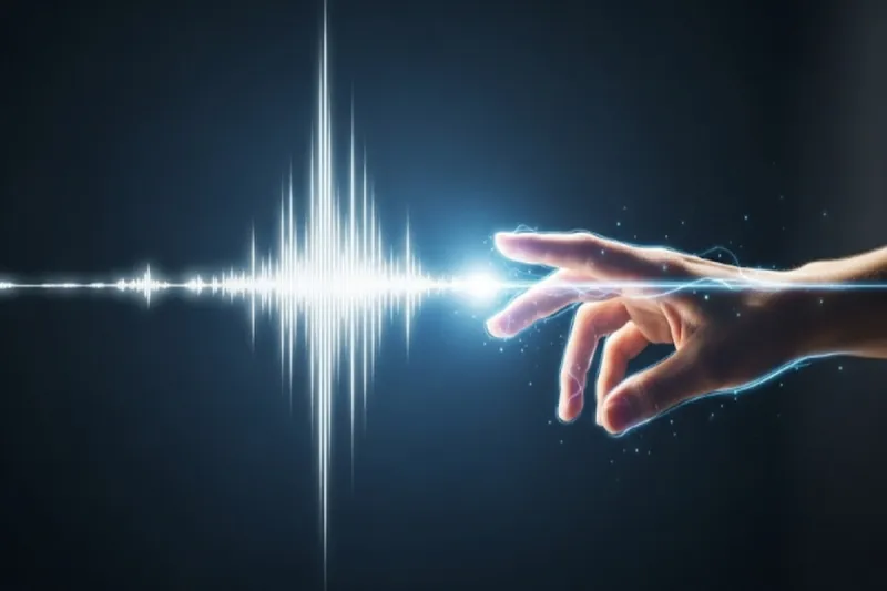숨겨진 소리 파동이 빛나는 손짓에 의해 활성화되는 모습