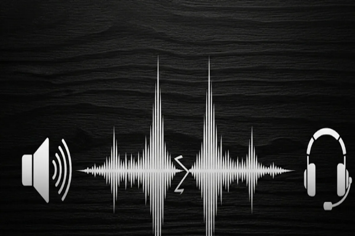 하나의 소리 파동이 스피커와 헤드셋 아이콘으로 나뉘어 흐르는 모습