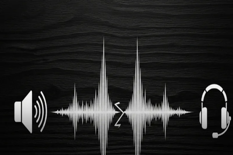 하나의 소리 파동이 스피커와 헤드셋 아이콘으로 나뉘어 흐르는 모습