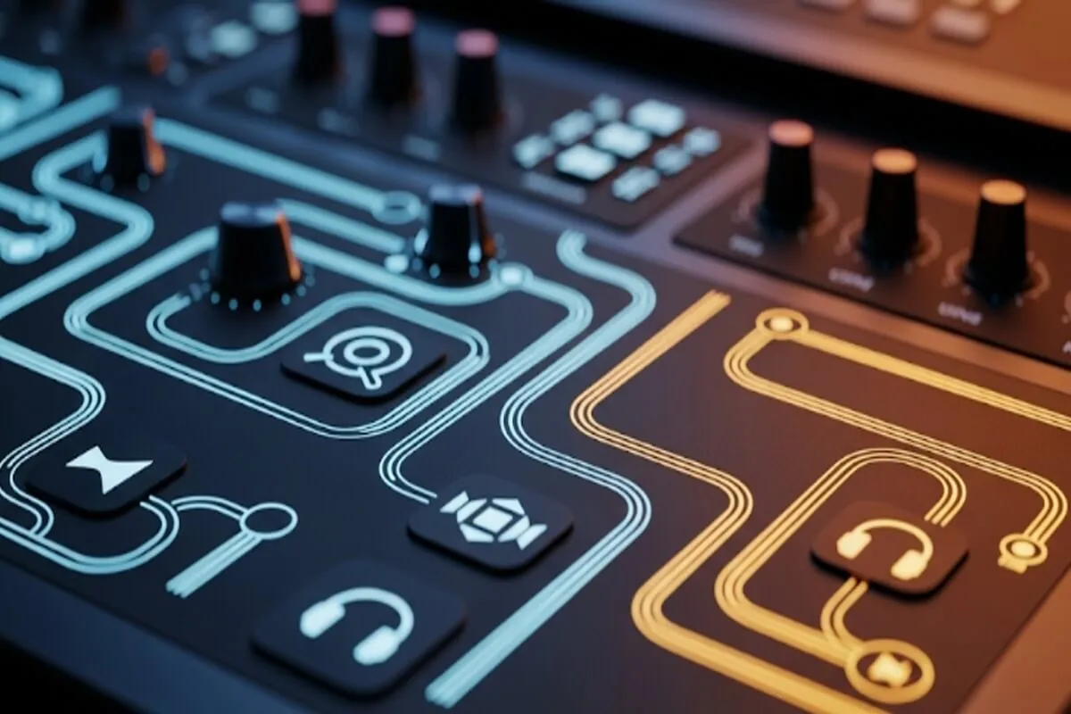 미래적인 오디오 제어판에서 스피커와 헤드폰으로 소리가 정밀하게 라우팅되는 모습