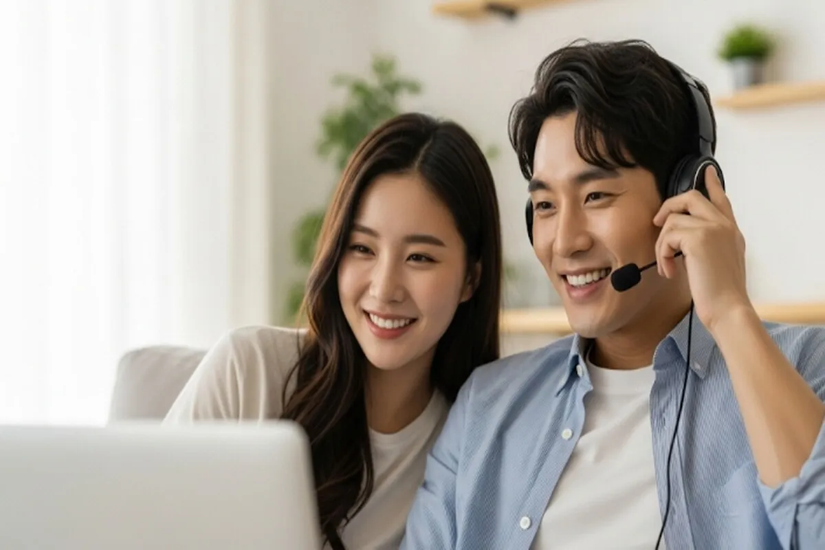 남성은 헤드셋, 여성은 노트북 스피커로 영화를 함께 즐기는 모습