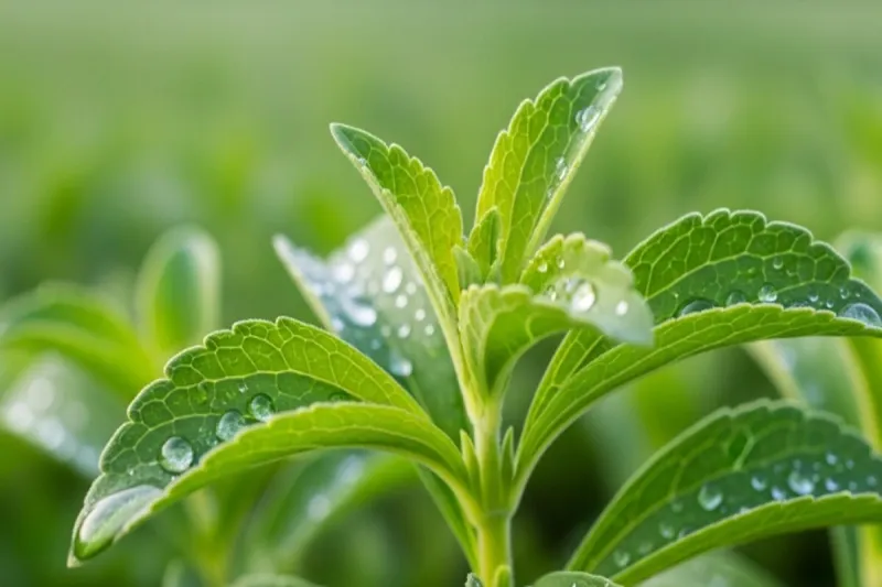 이슬 맺힌 신선한 스테비아 잎 클로즈업
