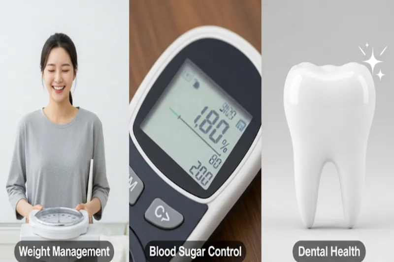 체중계에 선 여성, 혈당 측정기, 빛나는 치아로 스테비아의 효능을 보여주는 복합 이미지