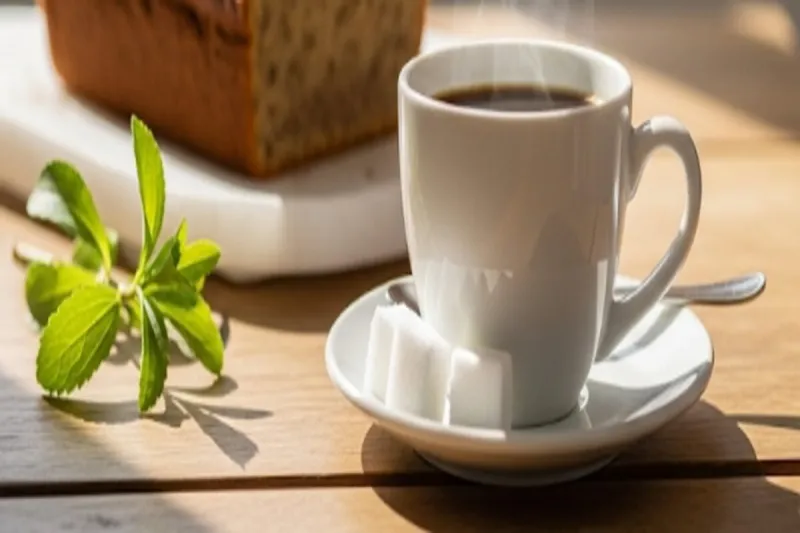 커피에 스테비아 가루를 넣고 스테비아로 만든 건강한 케이크가 있는 모습