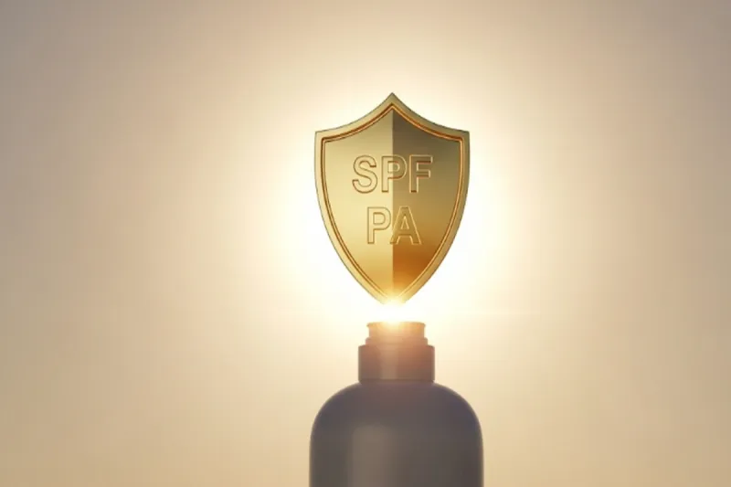 선크림 병에서 SPF와 PA 글자가 새겨진 빛나는 방패가 나와 태양을 막는 모습