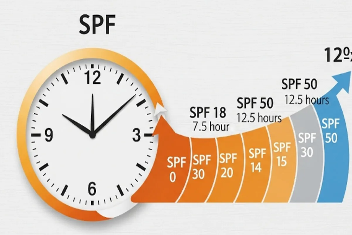 시계 모양의 인포그래픽으로 SPF 지수에 따른 자외선 차단 시간을 보여주는 그림