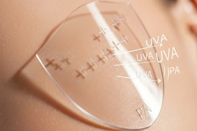 사람 피부 위에 여러 개의 플러스 기호가 새겨진 투명한 방패가 UVA 광선을 막는 모습