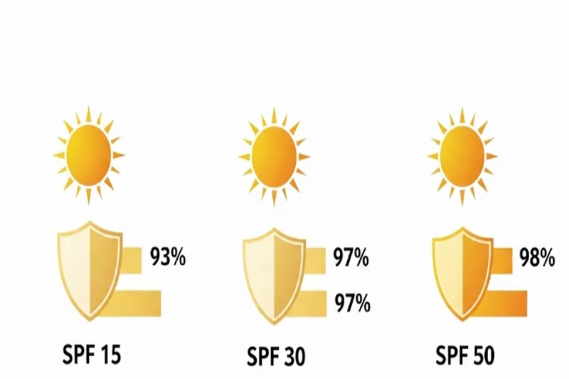 SPF 15, 30, 50의 자외선 차단율을 막대 그래프로 비교하는 인포그래픽