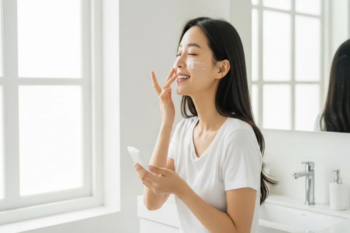 아름다운 한국 여성이 아침 스킨케어 루틴으로 얼굴에 선크림을 바르는 모습