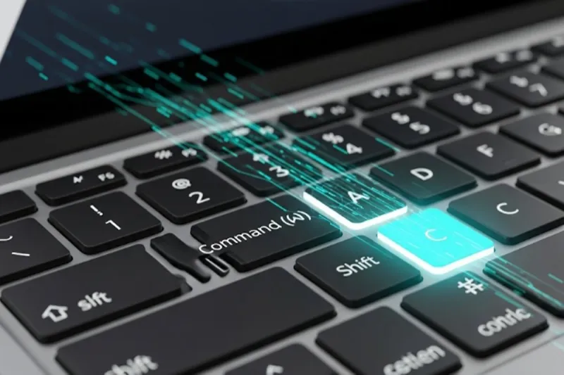 맥북 키보드에서 커맨드, 쉬프트, C 키가 빛나며 데이터가 흐르는 모습