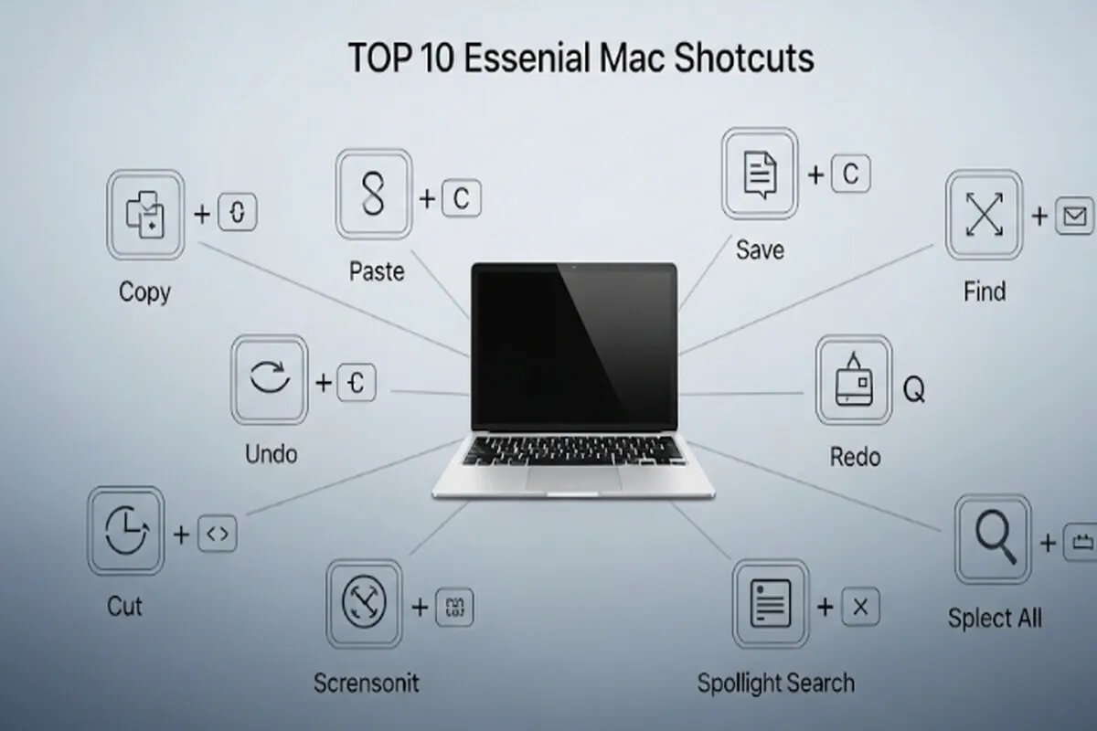 맥북 아이콘 주위에 복사, 붙여넣기 등 10가지 필수 단축키를 보여주는 인포그래픽