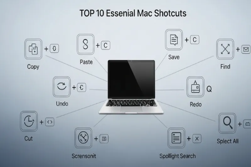 맥북 아이콘 주위에 복사, 붙여넣기 등 10가지 필수 단축키를 보여주는 인포그래픽