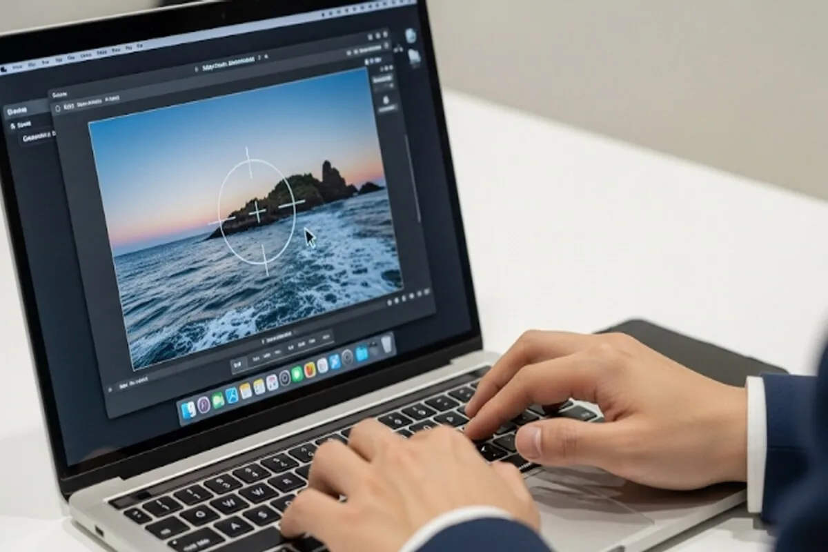 한국 남성이 맥북에서 커맨드+쉬프트+4 키를 눌러 화면 일부를 캡처하는 모습