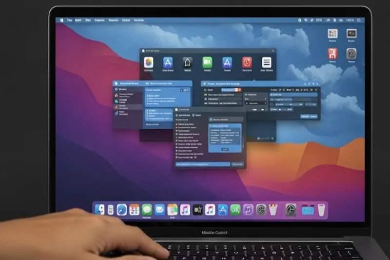 맥북 화면에 여러 앱 창이 정렬된 미션 컨트롤 뷰와 트랙패드를 사용하는 손
