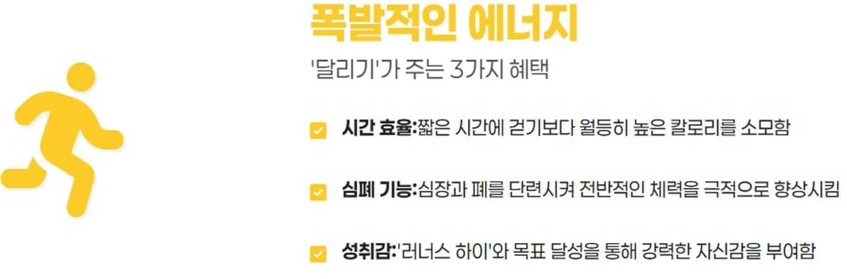 달리기 운동의 장점: 칼로리 소모, 심폐기능 향상, 성취감