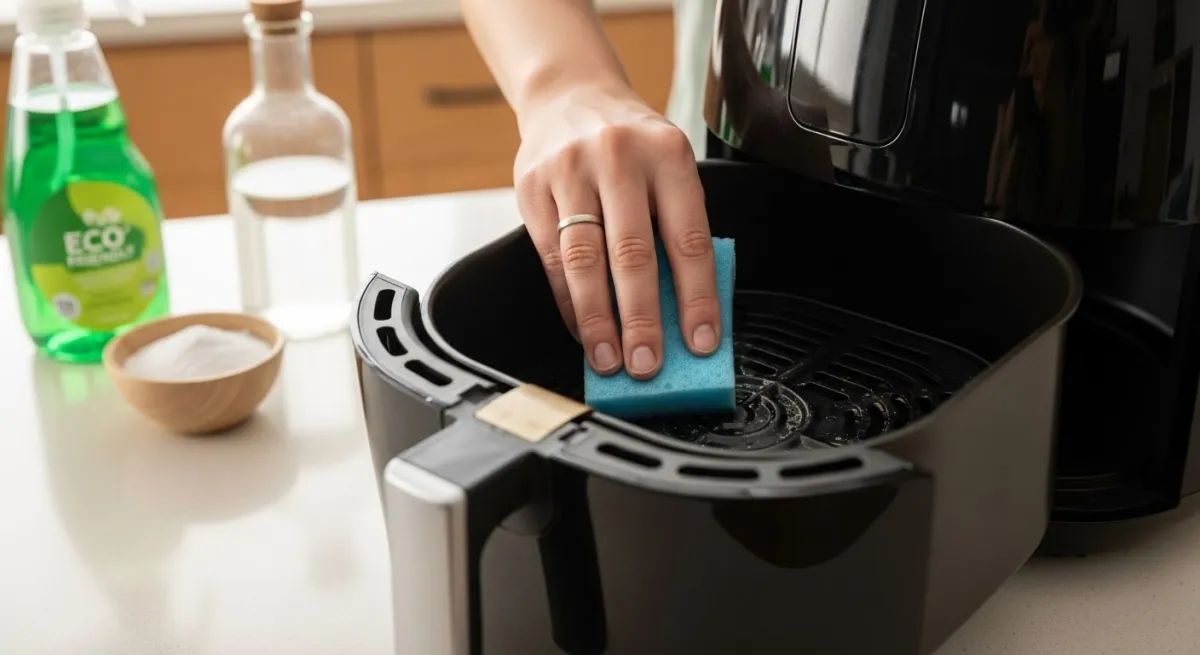 베이킹소다와 식초를 묻힌 천으로 에어프라이어 내부를 깨끗하게 닦아내는 모습