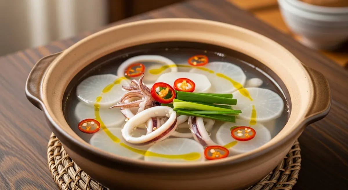 붉은 고추와 파란 파로 색감을 더한, 뚝배기에 정갈하게 담긴 맑은 오징어무국