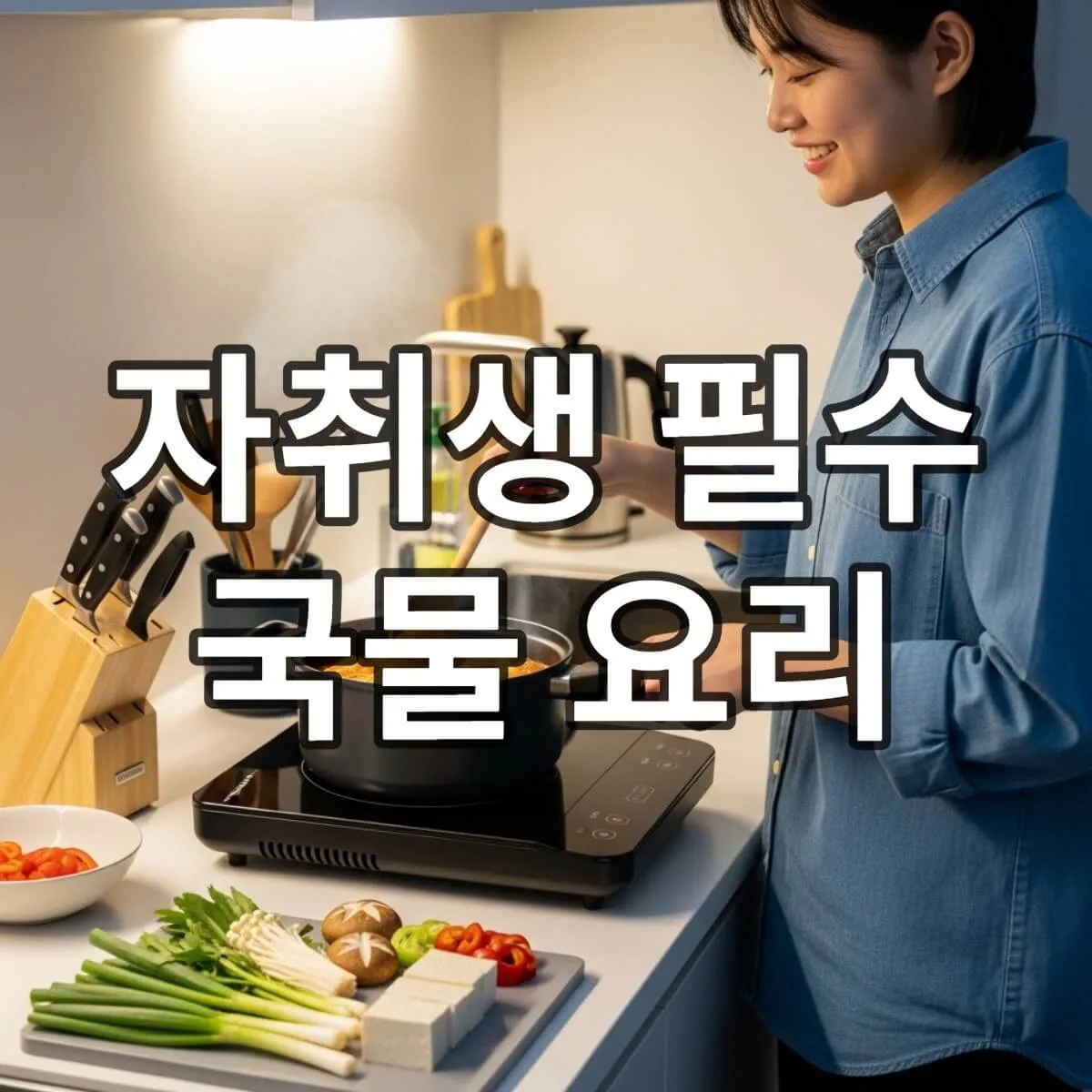 깔끔한 주방에서 따뜻한 김치찌개를 끓이는 자취생의 모습