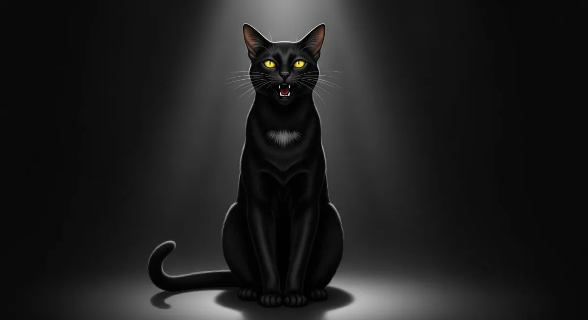 어두운 골목길에서 날카로운 눈빛으로 울고 있는 검은 고양이