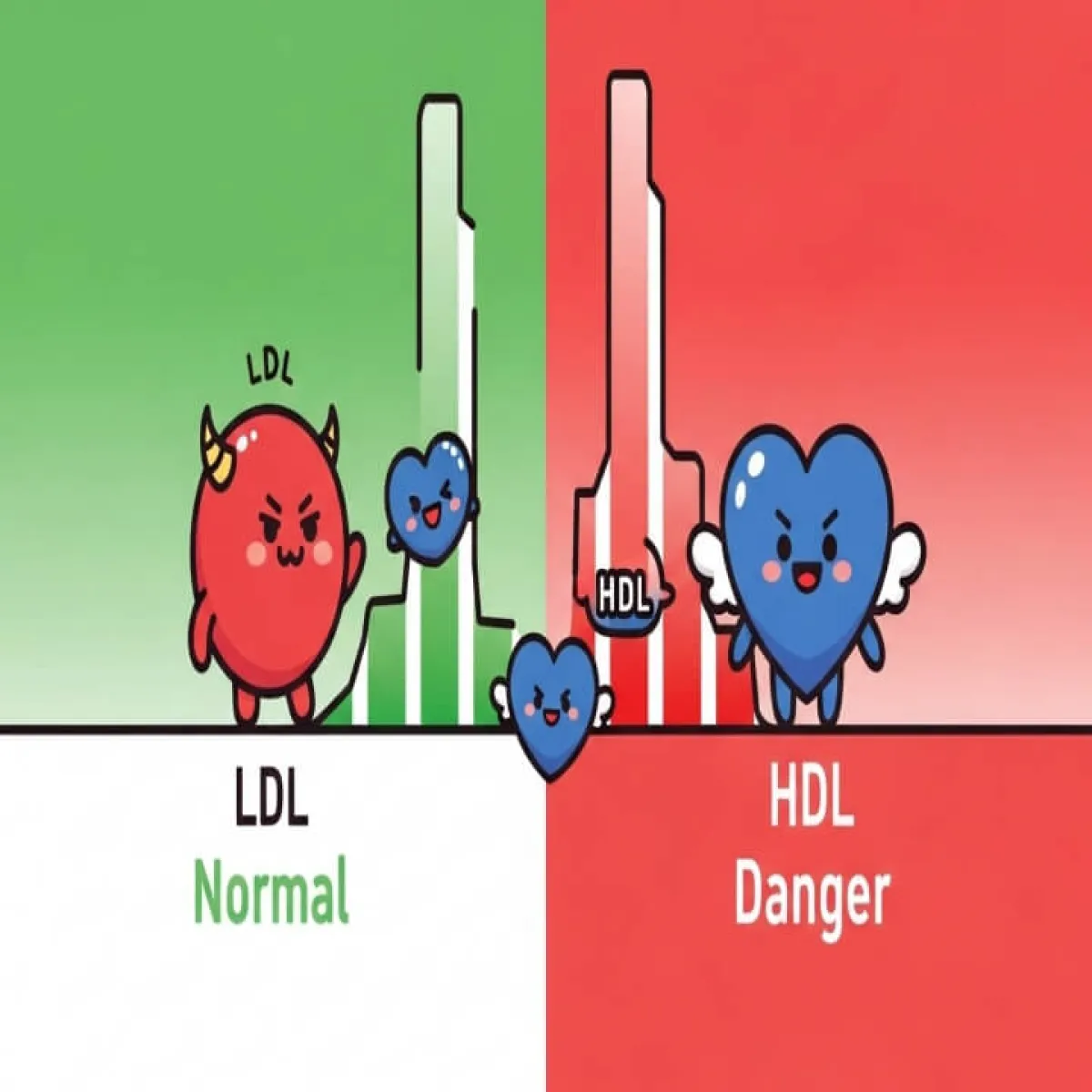 LDL 콜레스테롤과 HDL 콜레스테롤, 중성지방의 정상 수치를 보여주는 건강검진 결과표 인포그래픽