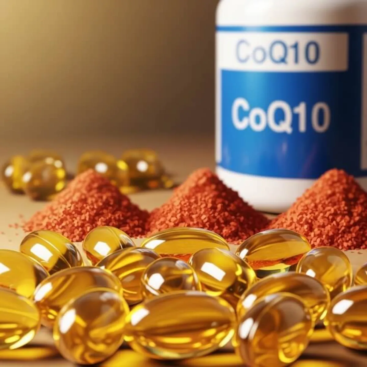 오메가3 캡슐과 붉은색 홍국 쌀 가루가 담긴 접시, 코엔자임 Q10 영양제 병