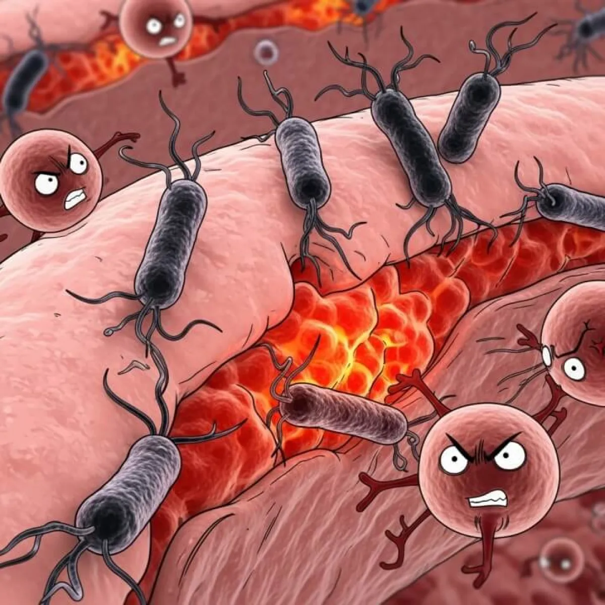 위장 점막에 붙어 있는 나선형 모양의 헬리코박터 파일로리균, 붉은색 염증 반응