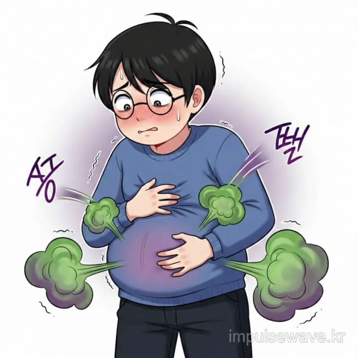 식후 배를 움켜쥐고 더부룩해하며 가스가 찬 듯 곤란해하는 사람의 모습, 잦은 방귀 고민