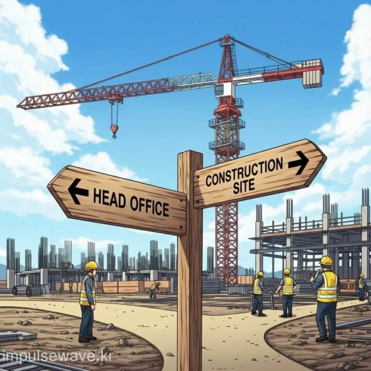 건설 현장 배경, 본사 사무실(0번)과 공사 현장(6번)으로 갈라지는 표지판 일러스트, 안전모를 쓴 근로자들