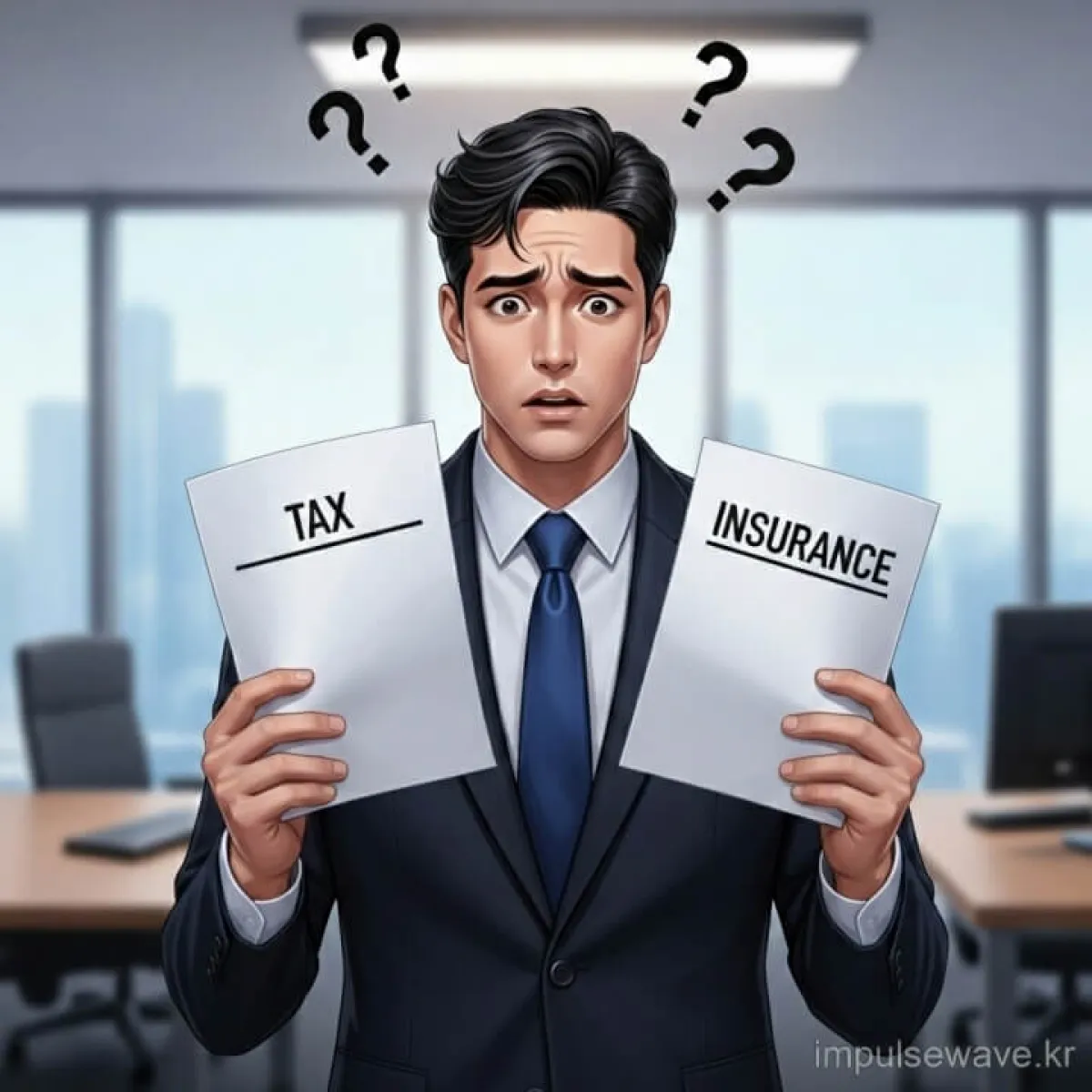 사업자등록증과 4대보험 성립 통지서를 양손에 들고 비교하며 고민하는 사업주의 모습, 머리 위에 물음표 아이콘