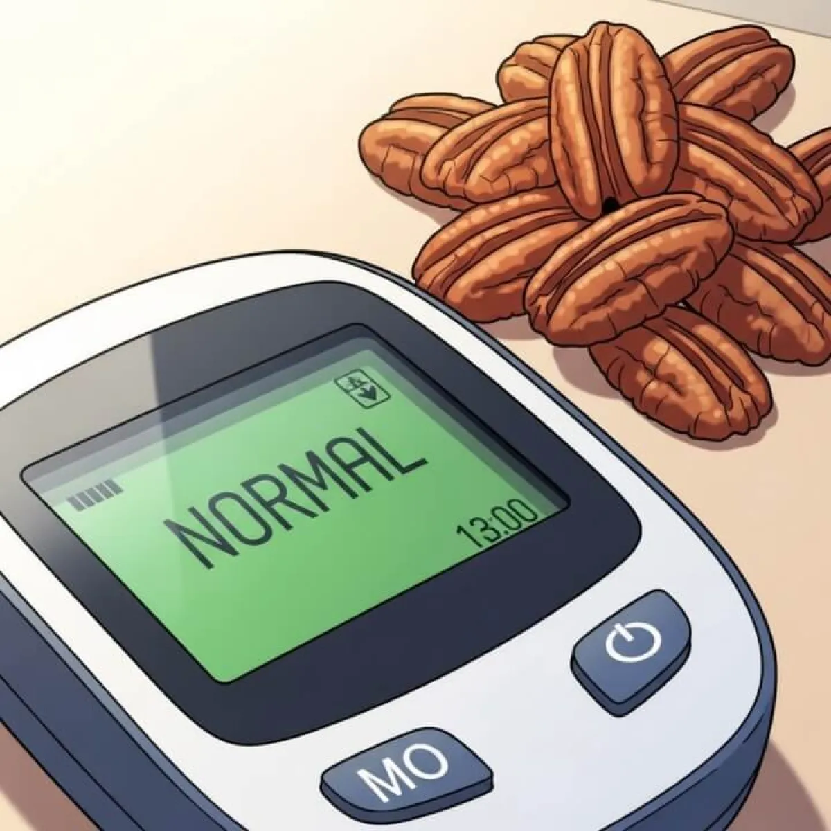 정상 수치를 가리키는 혈당 측정기와 피칸 한 줌, 당뇨 환자를 위한 건강 간식 이미지