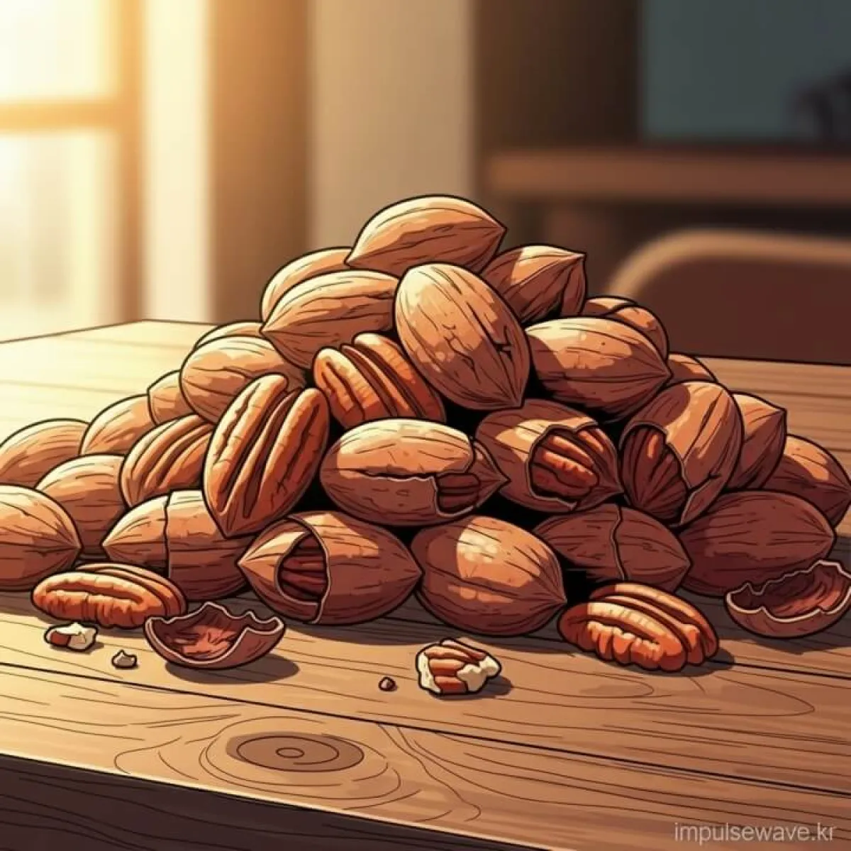 신선한 피칸 알맹이들이 나무 테이블 위에 가득 담겨 있는 모습, 따뜻하고 건강한 분위기