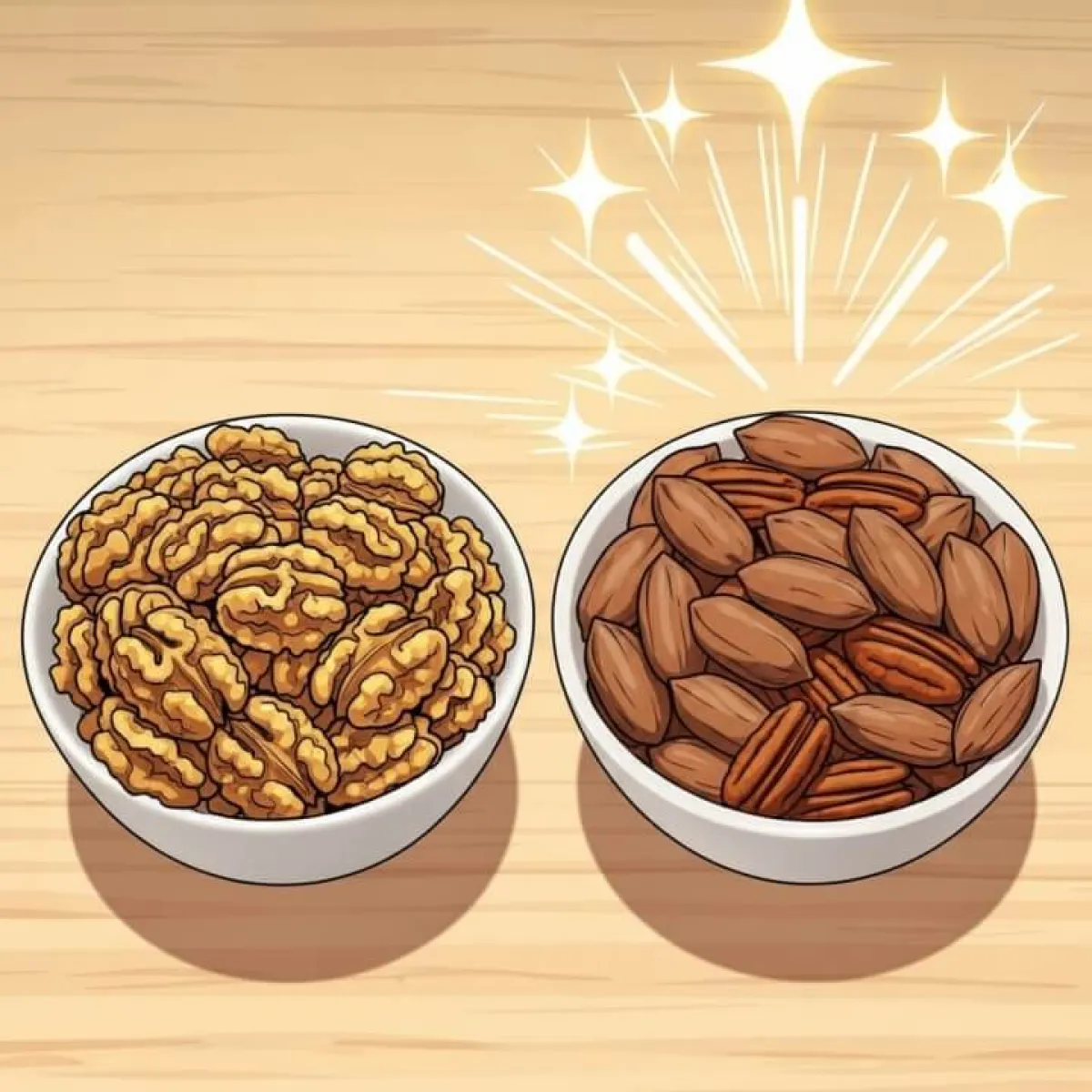 호두와 피칸을 비교하는 인포그래픽, 피칸 쪽이 더 부드럽고 항산화 수치가 높음을 강조