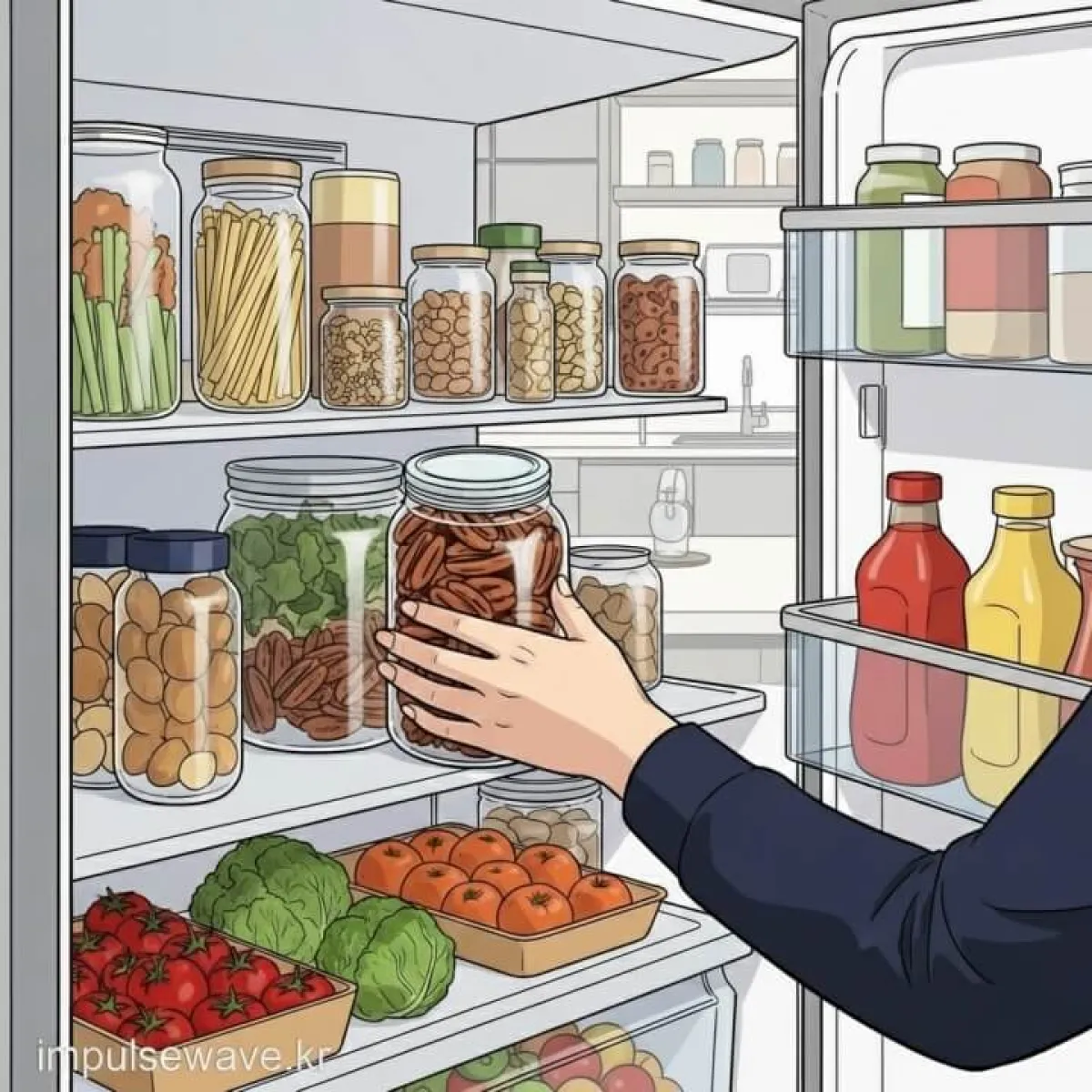 밀폐 용기에 담아 냉장고에 넣는 피칸과 손으로 한 줌 쥔 하루 섭취량 모습