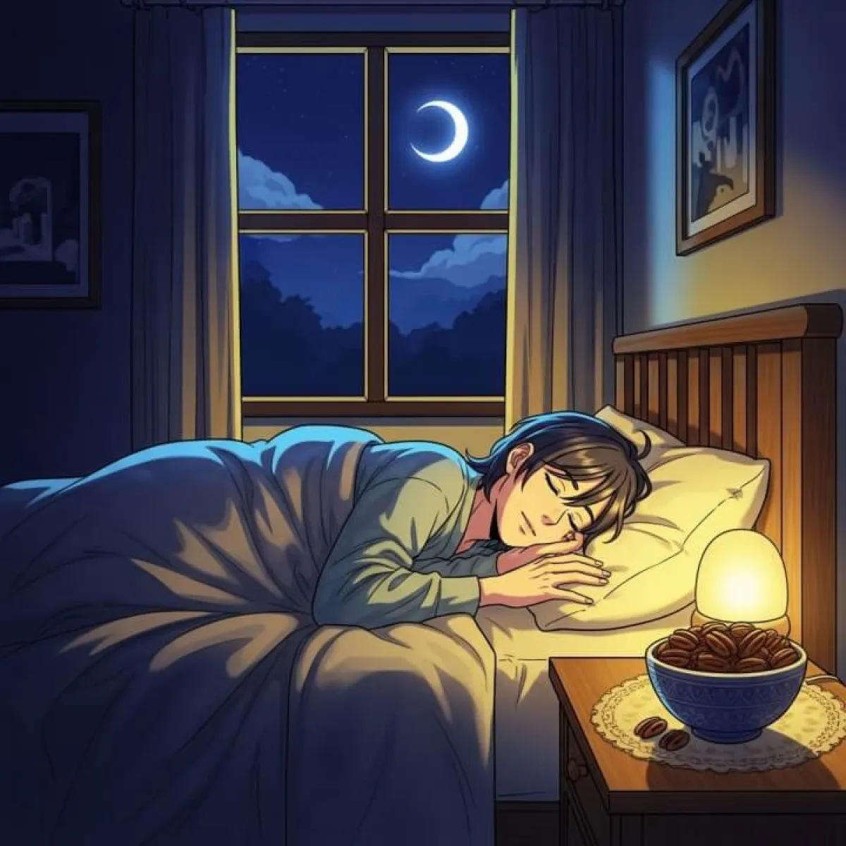 편안하게 깊은 잠에 든 사람의 모습과 침대 옆 테이블에 놓인 피칸 그릇, 밤 배경