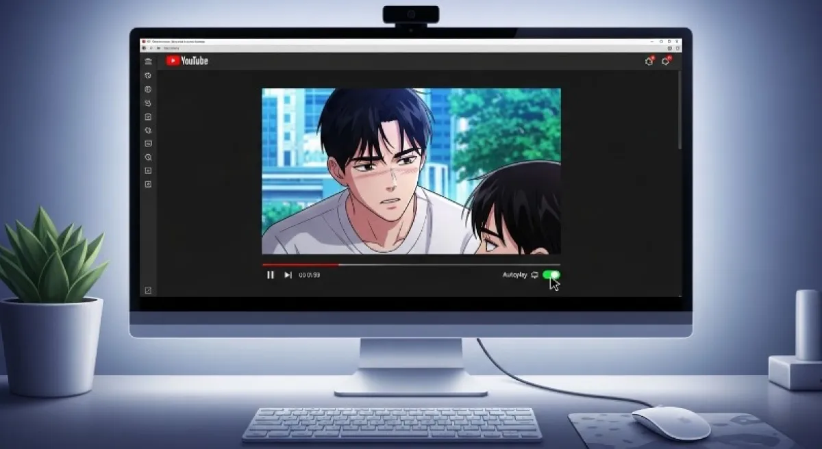 컴퓨터 모니터 화면 속 유튜브 플레이어 하단 메뉴바에서 자동재생 스위치를 마우스로 클릭하는 장면