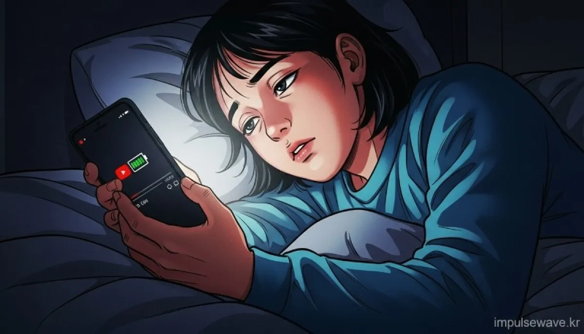 침대에 누워 스마트폰으로 유튜브를 보다가 잠든 사람의 모습, 화면에는 다음 영상이 계속 재생되고 있는 상황