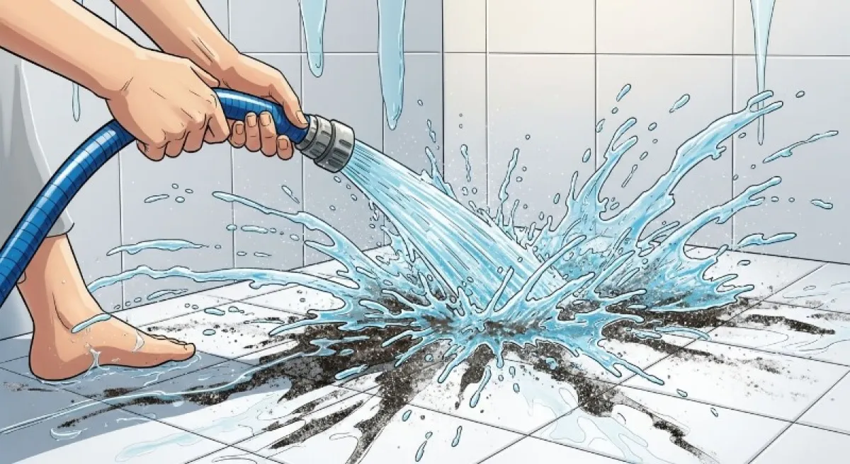 화장실 바닥의 오물을 호스로 시원하게 물청소하는 장면, 강력한 물줄기