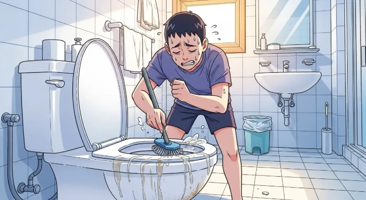 더러운 화장실을 솔로 박박 문지르며 청소하는 사람의 모습, 땀을 흘리지만 표정은 개운함