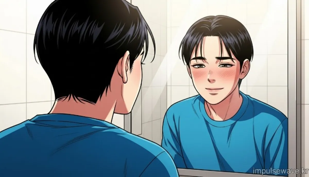 깨끗한 화장실 거울을 보며 미소 짓는 사람, 마음의 평화를 얻은 표정