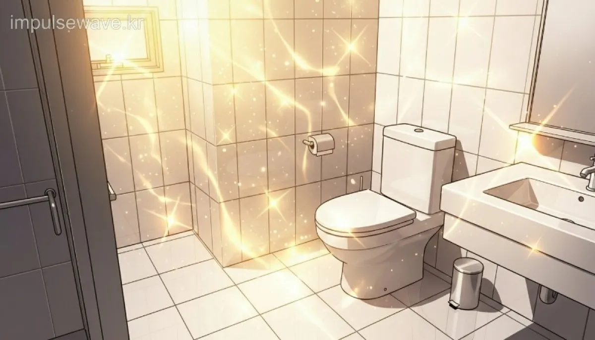 청소가 끝나 반짝반짝 빛나는 변기와 화장실 타일, 금빛 조명 효과로 재물운을 강조
